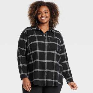Women's Long Sleeve Flannel Button-Down Shirt - Ava & Viv Black Plaid 3X
